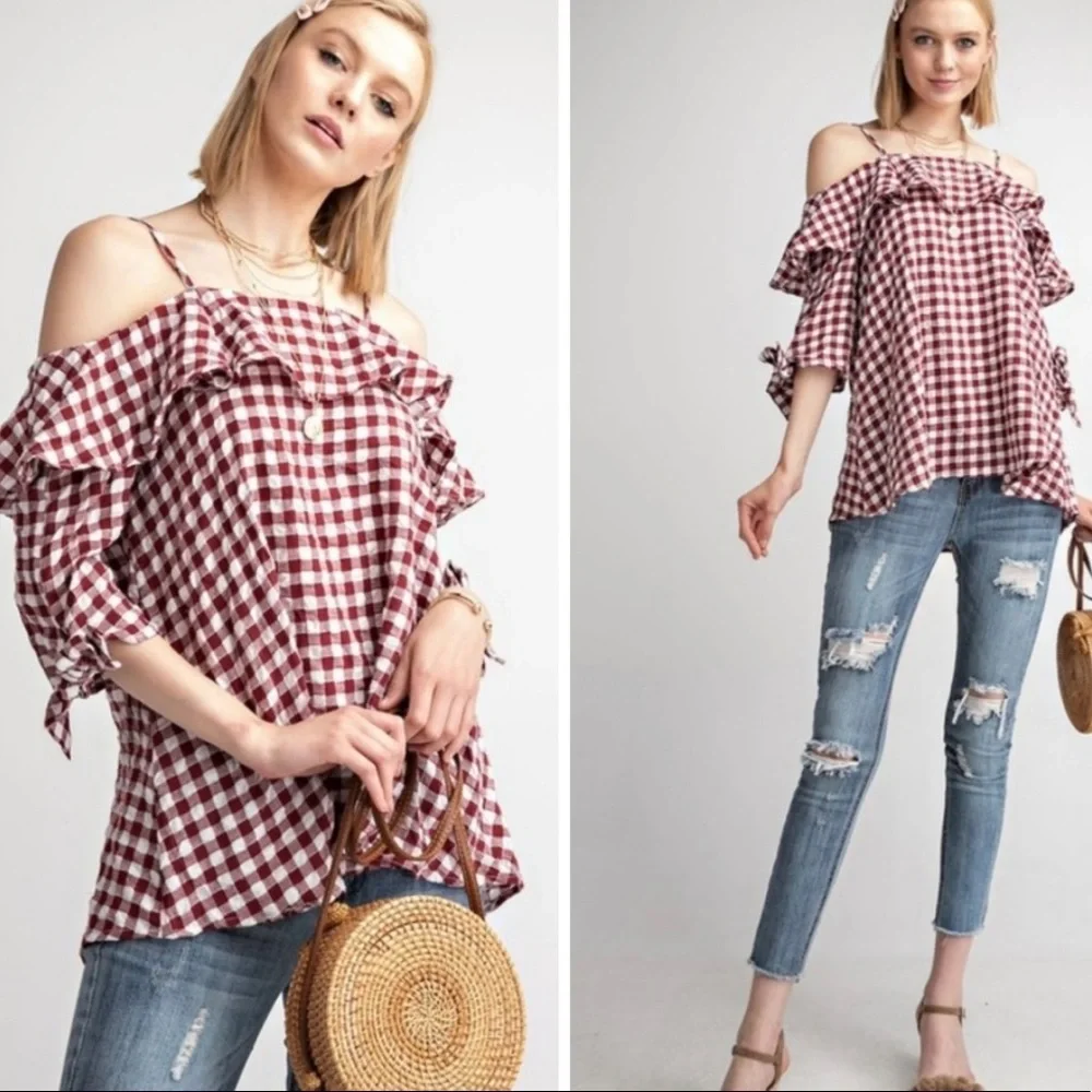 Gingham Ruffle Blouse Top - Picture 1 of 10